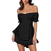 Mannice Off the Shoulder Rompers for Women Dressy Short/Long Sleeve Romper Ruffle Layer Back Tie Mini Short Jumpsuits