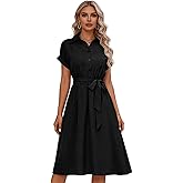 Zeflows Womens Short Sleeve Casual Dress with Shirt Collar Solid Color Waist Tied A Line Button Design Dress