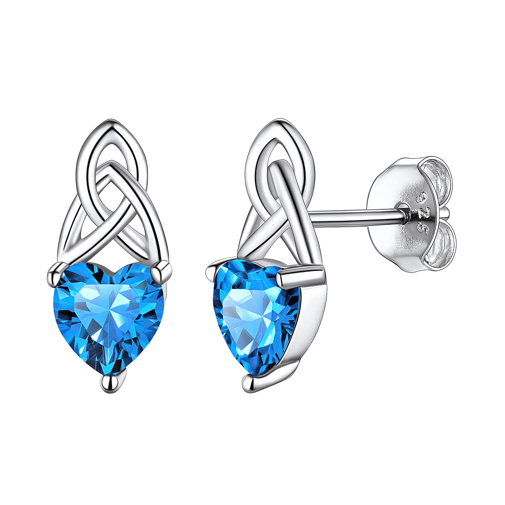 925 Sterling Silver Dainty Cute Hypoallergenic Triquetra Celtic Knot Heart Shaped Simulated Blue Topaz December Birthstone Stud Earrings Irish Jewelry for Women Teens