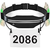 RJ-Sport Race Number Belt Bib Holder with Runner Pouch (Black) | Triathlon Race Belt with 6 Energy Gel Loops for Workout, Jogging, Triathlon, Marathon, Running and Cycling