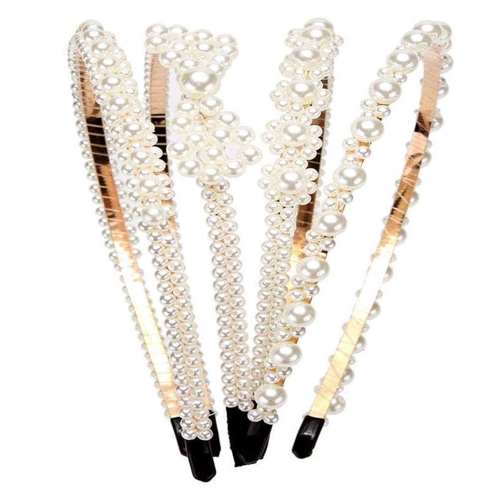 LAIYOHO 4 Pack White Faux Pearl Headbands for Women,Non-Slip Bridal Hair Accessories
