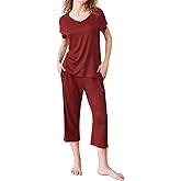 Ekouaer Pajamas for Women Set Short Sleeve Pj Sets Pullover Tops & Capri Pants 2 Piece Sleepwear Loungewear S-XXL