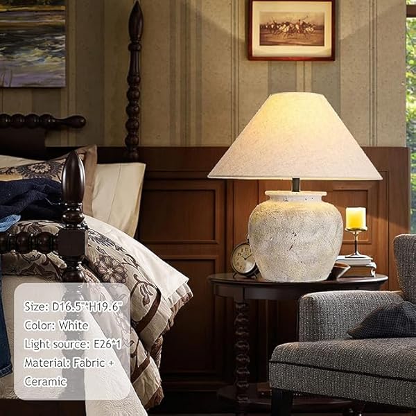 SANDYHA RUSTIC FARMHOUSE CROCK POT TABLE LAMP HANDMADE CREATIVE CERAMIC TABLE LAMP SOUTHWEST WHITE LAMP BODY WITH OFF-WHITE FABRIC LAMPSHADE BEDSIDE NIGHTSTAND FOR LIVING ROOM BEDROOM HOME OFFICE