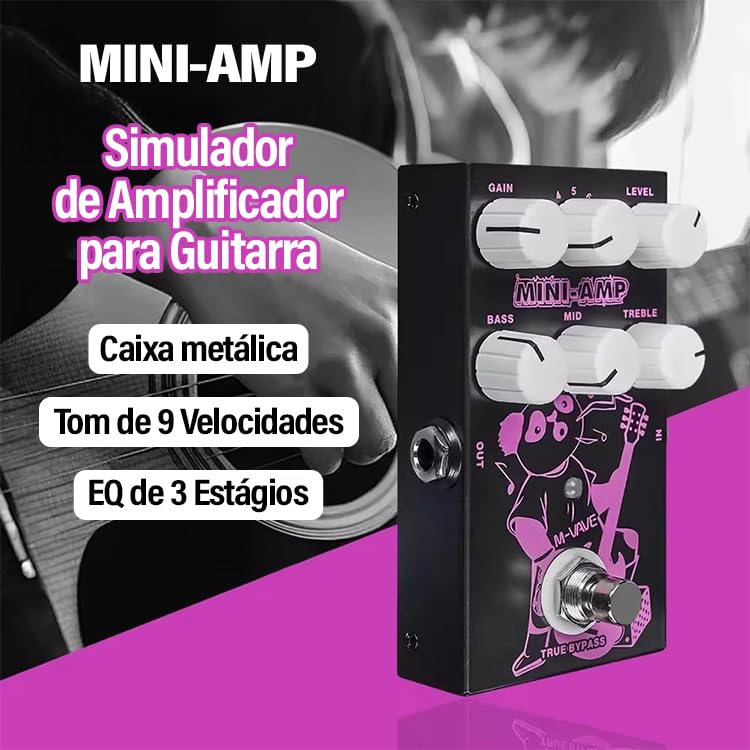 VEDO M-VAVE Pedal de efeitos MINI-AMP com simulação de pré-amplificador, 9 efeitos de amplificadores clássicos, equalizador de 3 bandas e true bypass.
