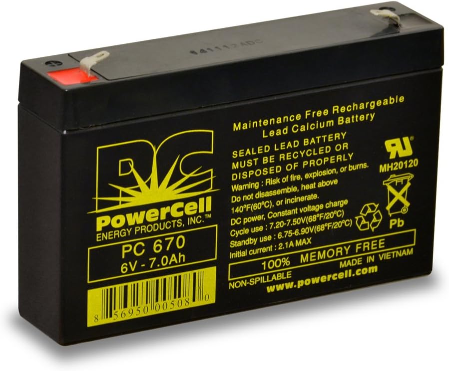 PowerCell Energy Products PC670 Maintenance Free, Rechargeable, Sealed Lead, Agm, Battery, 6.0V, 7.0 Ah