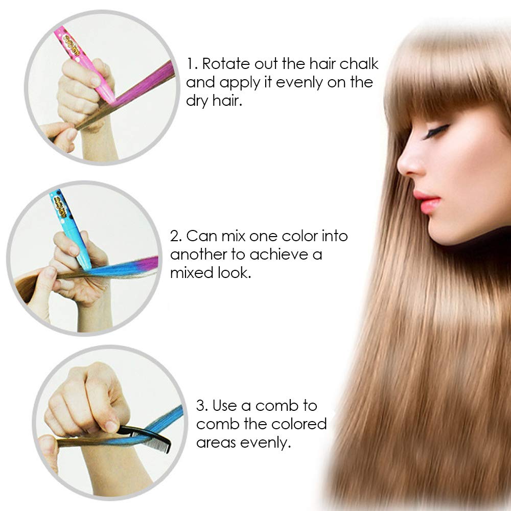 NANW 12 Color Temporary Hair Chalk, Hair Pens Crayon Salon Non-toxic Washable Hair Dye Safe for Cosplay Birthday New Year Christmas Gift for Makeup Kids Girls Teen Adults