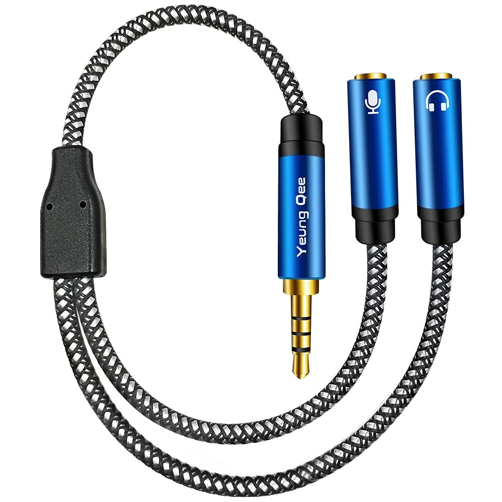 Yeung Qee Headphone Mic Splitter Adapter 3.5mm Male to 2 Dual 3.5mm Female Audio Mic Y Splitter Adapters Cable Compatible with Phone, Laptop, PS4,Gaming Headset, External Microphone& More (1m,blue)