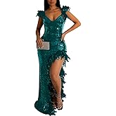 Women's Sexy Sequin Feather Prom Dresses 2025 High Slit Deep V Neck Evening Formal Masquerade Ball Gown Maxi Dress
