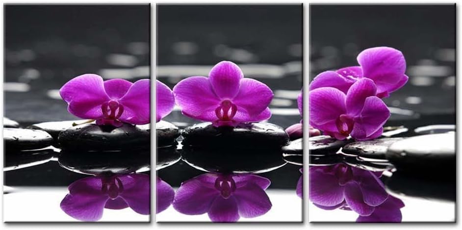 So Crazy Art- Flowers in Spa Wall Art Decor Blooming Purple Butterfly Orchid on The Black Zen Stones Canvas Pictures Artwork 3 Panel Painting Prints for Home Living Dining Room Kitchen