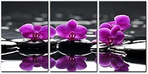 So Crazy Art- Flowers in Spa Wall Art Decor Blooming Purple Butterfly Orchid on The Black Zen Stones Canvas Pictures Artwork 3 Panel Painting Prints for Home Living Dining Room Kitchen