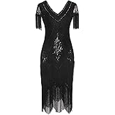MISSCHEN Women's 1920s Art Deco Fringed Sequin Dress Gatsby Costume Dress with Sleeve YLS018