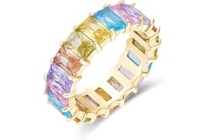 AFFY Eternity Rainbow Ring 18K Gold Plated Emerald-Cut Multi Color AAA Created-Gemstone Rainbow Ring, Stackable Ring, Wedding Band for Women, Gift For Her