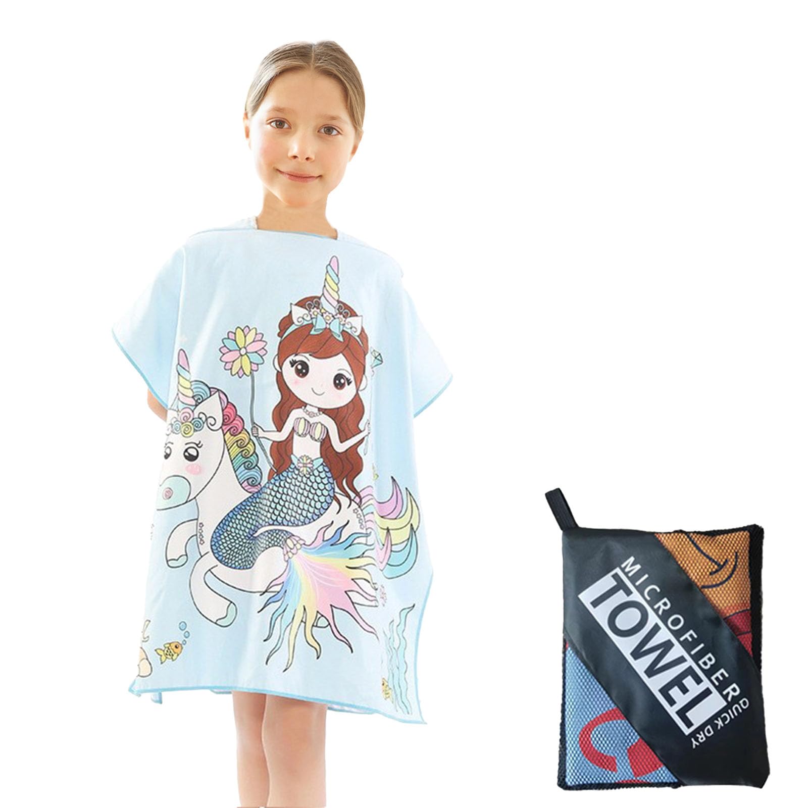 COSORO Unicorn Hooded Poncho Towel for Kids,60x90cm Microfibre Beach With Bag,Sand Free Quick Dry Thin Towels,Swimming Warm Wrap Changing Robe Bath,Childs Travel for Girls Boys Age 2-6