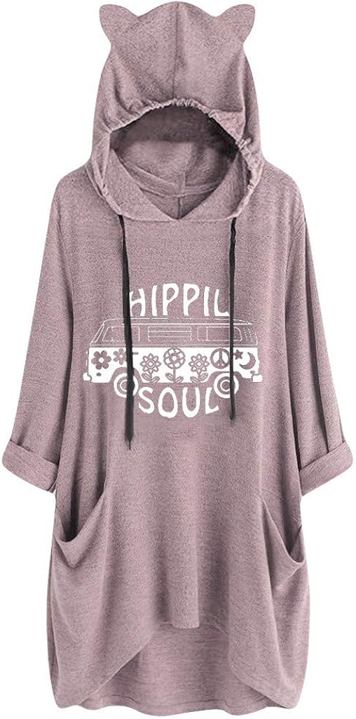 Women Hoodies Plus Size Women Hooded Long Sleeves Cat Ear Print Pocket Shirt