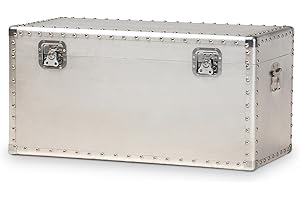 HomeStock Renaissance Refinement Silver Metal Storage Trunk - Vintage Industrial Style, 30" L x 16" W x 14" H, Perfect for Stylish Storage Solutions