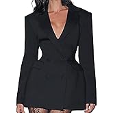 Women’s Satin Blazer Dress V Neck Double Breasted Long Sleeve Lapel Formal Cocktail Party Mini Dress