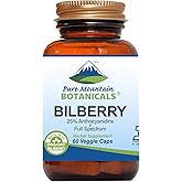 Pure Mountain Botanicals Bilberry Extract Supplement Vegan Kosher Capsules with 250mg Organic Bilberry Leaf & 50mg Potent Extract of Billberries