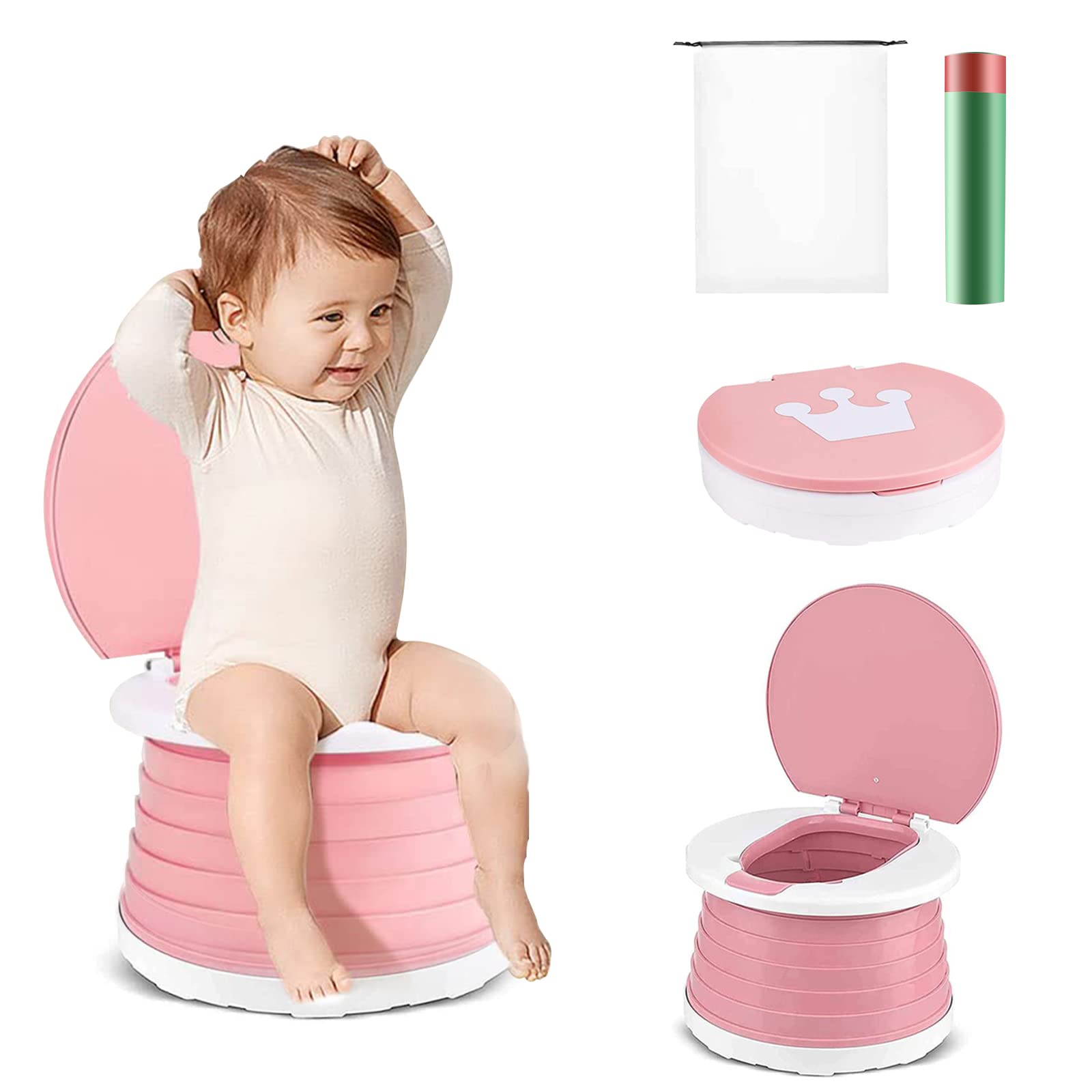 Travel Potty Portable Potty Folding Potty Toddler Toilet Potty Carry Potty Child's Potty Training Seat for Kids Toddler Travel for Car, Indoor, Outdoor Travel Potty Toilet Seat (Pink)