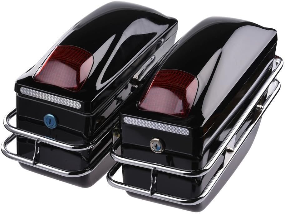 Ai CAR FUN 2 Pcs Motorcycle Cruiser Hard Trunk Saddlebags Luggage w/Lights Mounted Chrome Rail Bracket Black