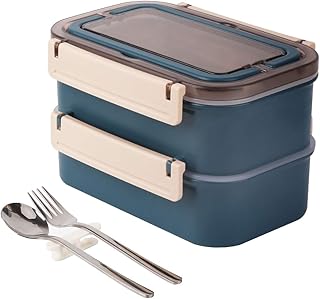 Lunchbox Erwachsene Kinder Bento Box, 100% Auslaufsicher Brotdose mit 3 Fächern und Griff, Edelstahlbehälter Lunch Box mit Edelstahl Löffel & Gabel für Arbeit Schule Picknick und Reisen(Blau)