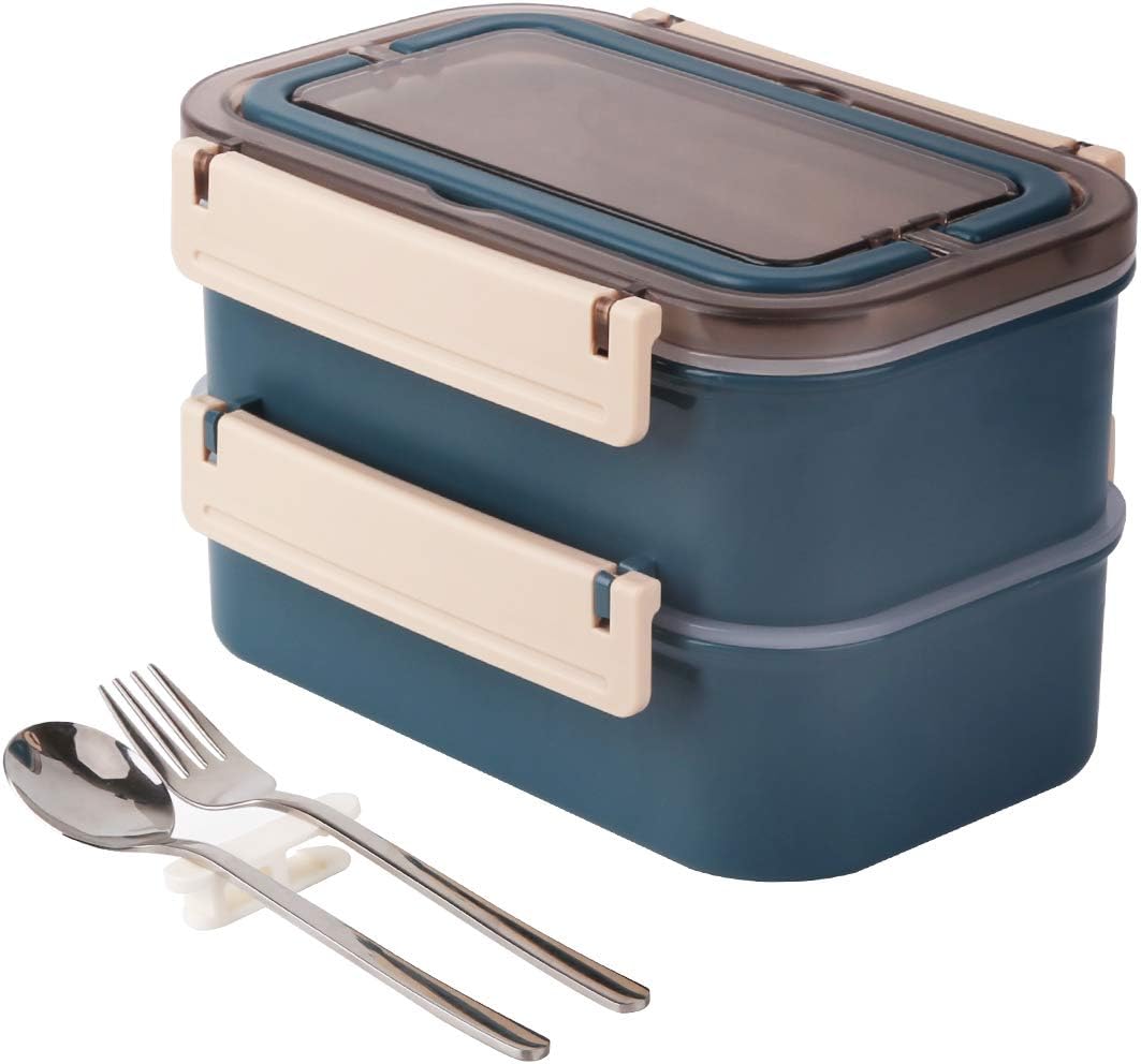 Lunchbox Erwachsene Kinder Bento Box, 100% Auslaufsicher Brotdose mit 3 Fächern und Griff, Edelstahlbehälter Lunch Box mit Edelstahl Löffel & Gabel für Arbeit Schule Picknick und Reisen(Blau)