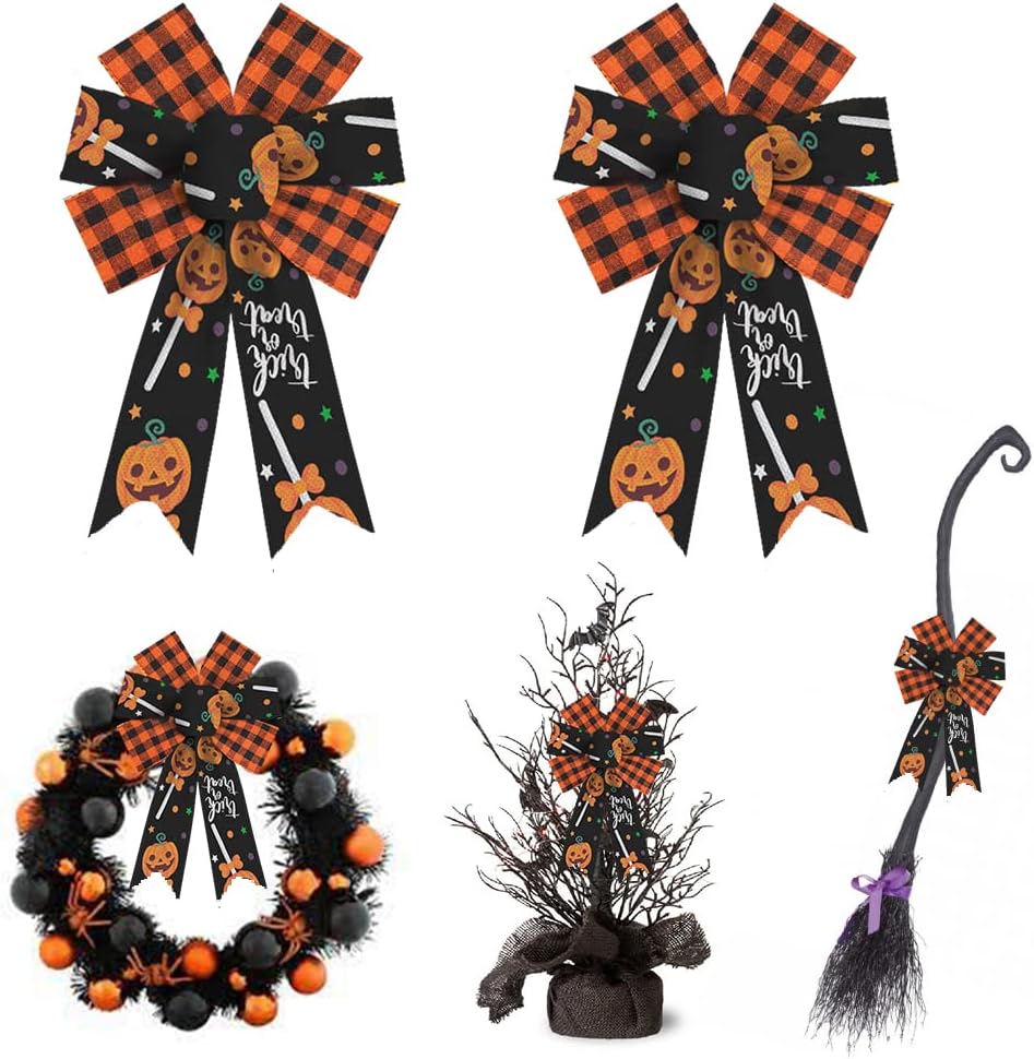 Bows & Ribbons - 2PCS Halloween Wreath Bows, Orange Black Buffalo Plaid Bows for Wreath Rustic Farmhouse Trick or Treat Bows for Front Door Pumpkin Candy Bows for Halloween Party Home Indoor Outdoor Decor