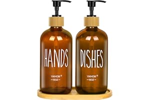 YIKHOM Crystal Glass Soap Dispenser Set, Hand Soap and Dish Soap Dispenser with Bamboo Tray, Vintage Soap Dispenser with Pump for Kitchen and Bathroom, Stylish Permanent Labels (Amber)