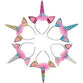 6 Pack Unicorn Horn Glitter Ears Flower Headband Birthday Party Favor Supplies