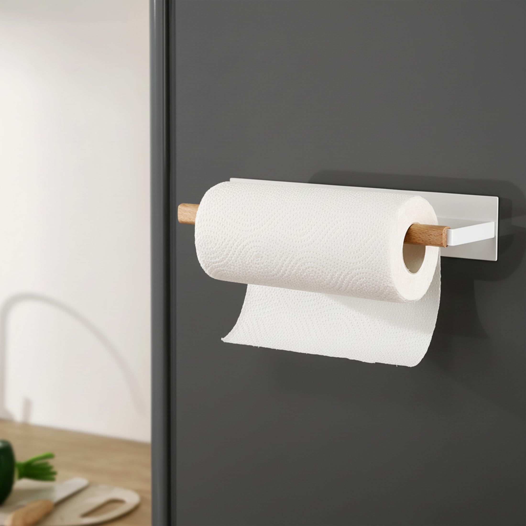 KES Magnetic Kitchen Roll Holder for Fridge, Kitchen Paper Towel Holder Metal & Wood, KPH502MA-WH