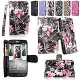 Cellularvilla Wallet Case for LG Optimus L70 (MetroPCS) MS323 / Optimus Exceed II (Verizon) VS450 / Dual D325 Pu Leather Wallet Card Flip Open Pocket Case Cover Pouch (Black Pink Flower)