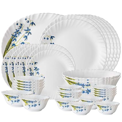 Larah By Borosil Lavender Opalware Dinner Set, 33-Pieces, White