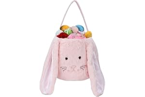 Plush Easter Bunny Basket, Personalized Bunny Easter Buckets with Long Plush Ear, Egg Hunting Easter Gift Bags for Kids Boys 