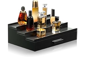 Sephyroth Cologne Organizer for Men 3 Tier of Elevated Cologne Display Shelf with Drawer Storage Perfume Organization and Storage Display Risers,Great Gift for Man(Black)