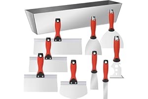 SUMED 10Pcs Drywall Tool Kit, Stainless Steel Putty Knife Set with 1"-6" Knives, 8"-12" Taping Knives, 9-in-1 Painter Scraper, 12" Mud Pan & 6" Scoop for Drywall Taping, Finishing, and Patching