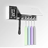 UV Toothbrush Holder Wall Mounted for Bathrooms | Smart Tooth Brush Sanitizer and Holder | Dual Toothbrush Stands | Sterilizer and Hot Air Drying | LED Clock Display, Motion Sensor, Bathroom Decor