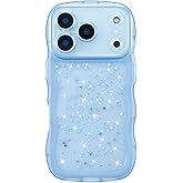 ZTOFERA for iPhone 17 Pro Max Case 6.9",Cute Curly Wave Case with Star Glitter,Clear Shiny Bling Soft TPU Shockproof Phone Protecive Cover for Women Girls-Blue