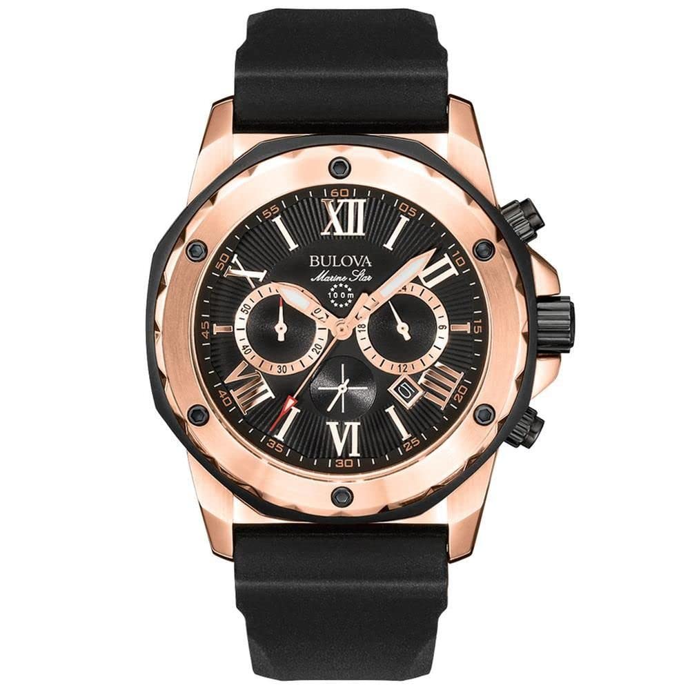 Bulova Marine Star Series A Reloj de cuarzo con cronógrafo de acero inoxidable y oro rosa de 6 manecillas, correa de silicona negra Estilo: 98B104