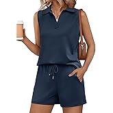 Rapbin Two Piece Short Sets for Women Sleeveless Matching Lounge Set V Neck Tops and Drawstring Shorts Summer Outfits