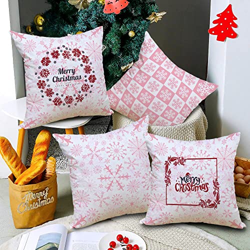 HELERKOL Set of 4 Pink Christmas Throw Pillow Covers 18x18 inch Snowflake Pillow Covers Winter Holiday Couch Sofa Cushion Covers Pillow Case