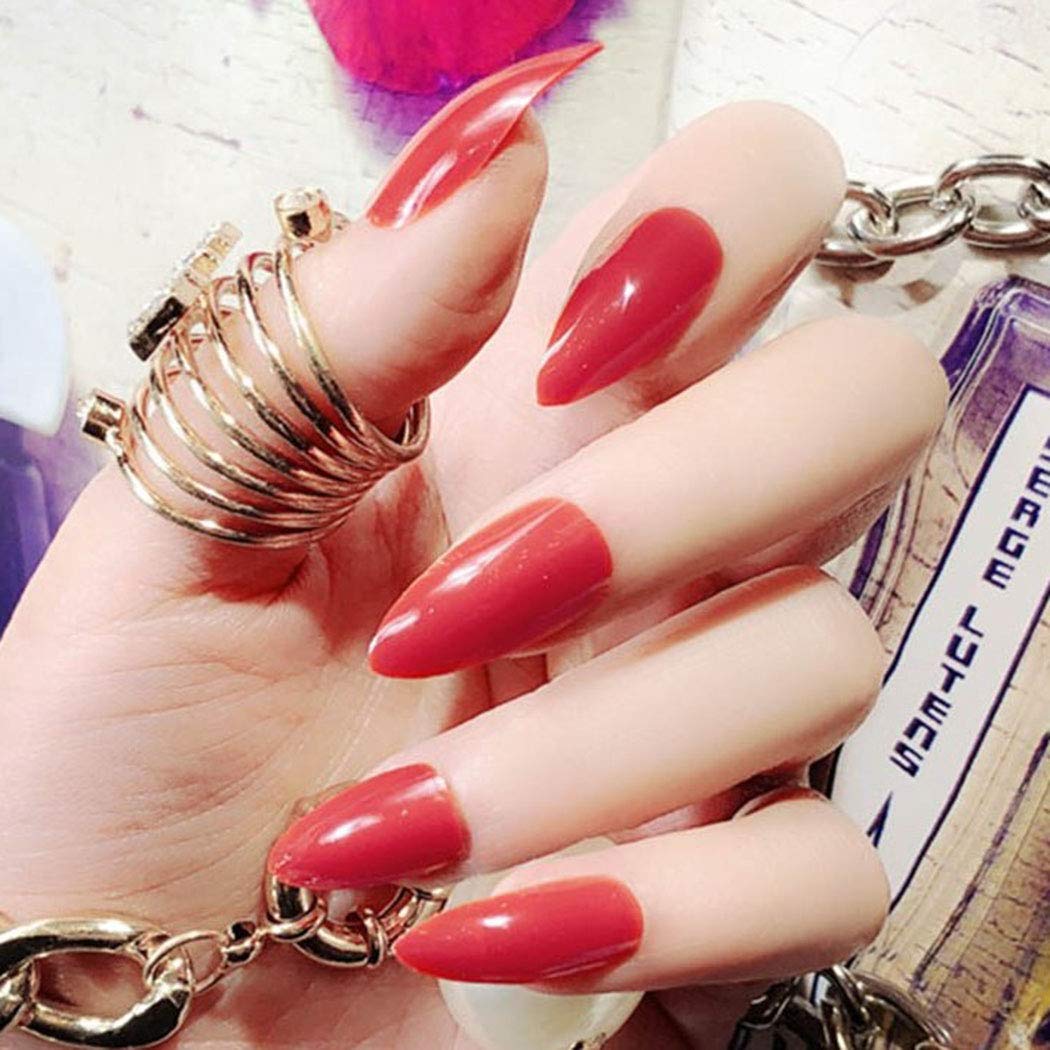 Sethexy Pure Color Glossy Sharp False Nails Bright Fashion Stiletto Full Cover Long Acrylic Claw 24Pcs Fake Nails for Women and Girls (Red)
