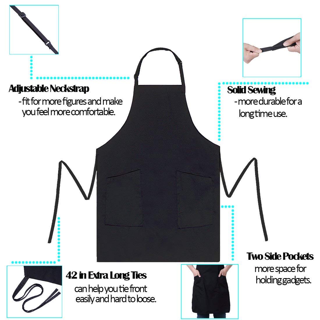 Adjustable 2 Pockets Durable Bib Apron - Black Extra Long Ties(32\