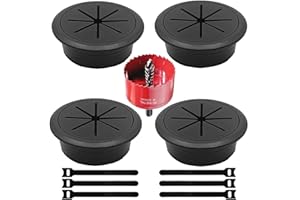 ZLTASYRY 4 Pack Desk Grommet 2 Inch (50 mm), Desk Hole Cover for Cables, Black Desk Cord Hole Cover for Office Home Table, Cable Grommet with 1 Hole Saw Drill Attachment & 6 Cable Ties