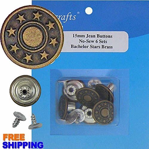 15 mm No-Sew Jean Tack Buttons Bachelor Stars Brass CT. 6 Buttons