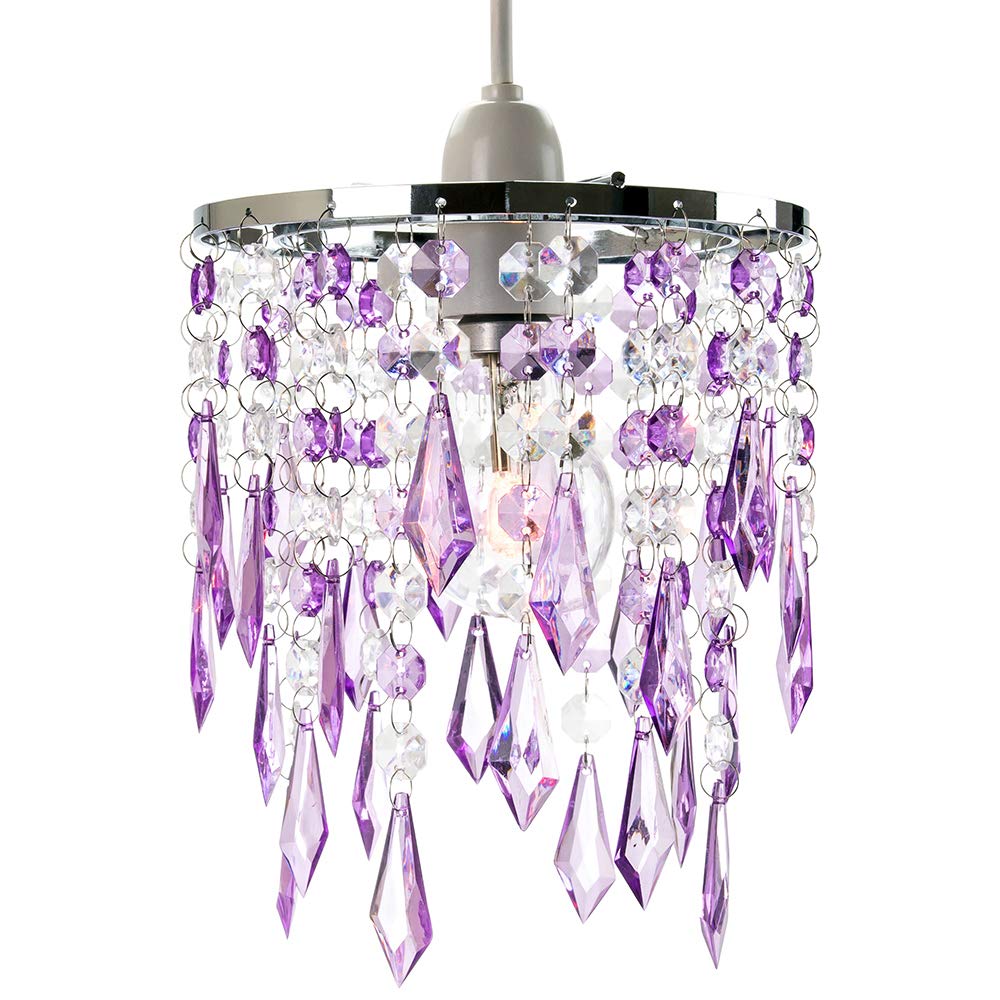 Modern Waterfall Design Easy Fit Pendant Shade with Clear/Purple Acrylic Droplets and Beads - Chrome Metal Rings - 16cm Diameter by Happy Homewares