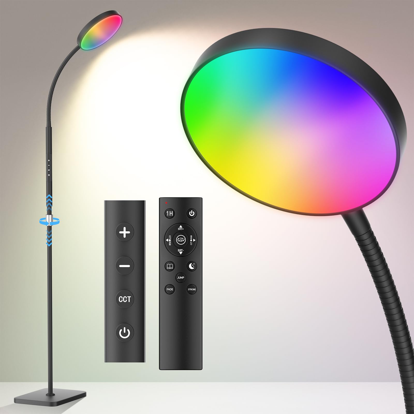 PACOVY Floor Lamp, Adjustable Height Floor Lamps for Living Room Bedroom, 120 LED Super Bright Standing Lamp Remote Control Dimmable Gooseneck Tall Stand Reading Lamp for Office Craft, Black-RGB Image