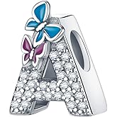 S925 Sterling Silver A~Z Letters Charms with 5A Cubic Zircon Stones, Butterfly Alphabet Beads fit Pandora European Bracelets Gift Options