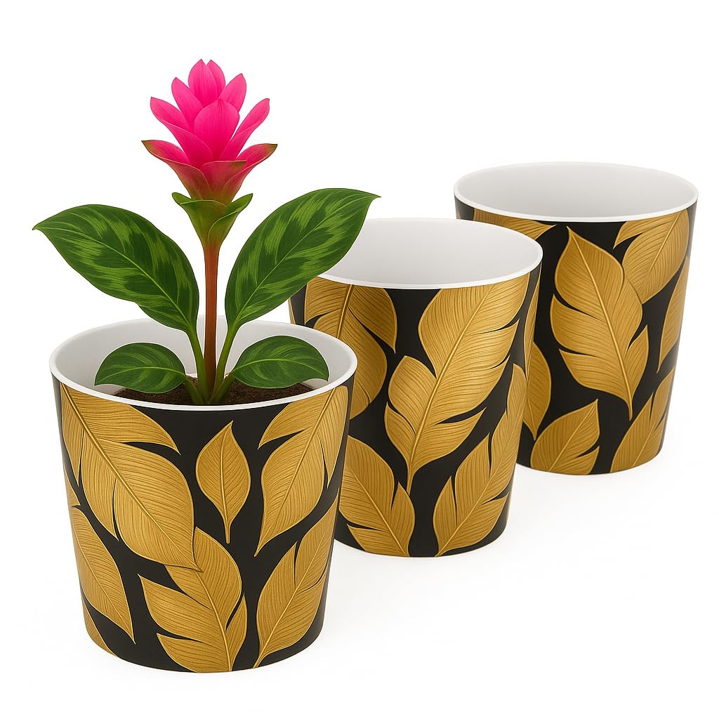 Home Garden Ornaments Indoor Plant Pot – Decorative Flower Pots with Inner Cone, Floral & Tropical Design Orchid Planters for Home Décor (13 cm / 5.1 inch – Banana Leaves)