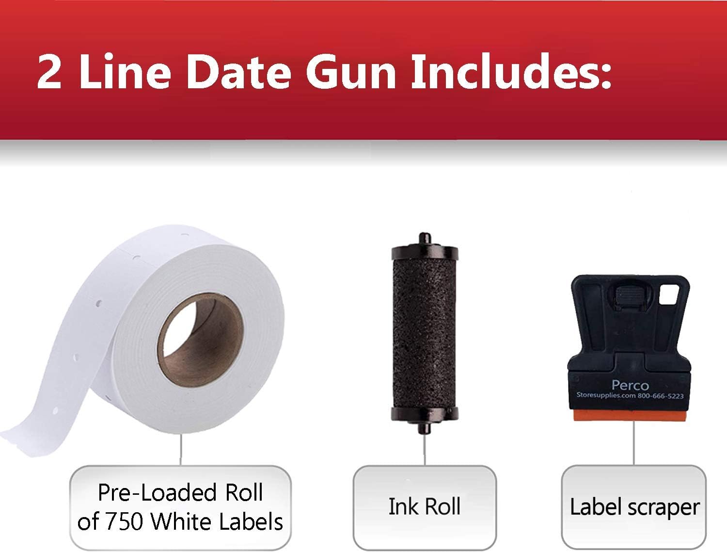 Perco 2 Line Date Gun: Includes 16 Digits Date Gun Labeler, Pre-Loaded Roll of 750 White Labels and Ink Roll : Office Products