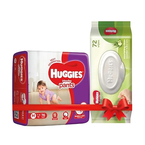 Huggies Wonder Pants Diapers, Medium (Pack of 76) & Huggies Cucumber and Aloe Vera Baby Wipes (72 Count)