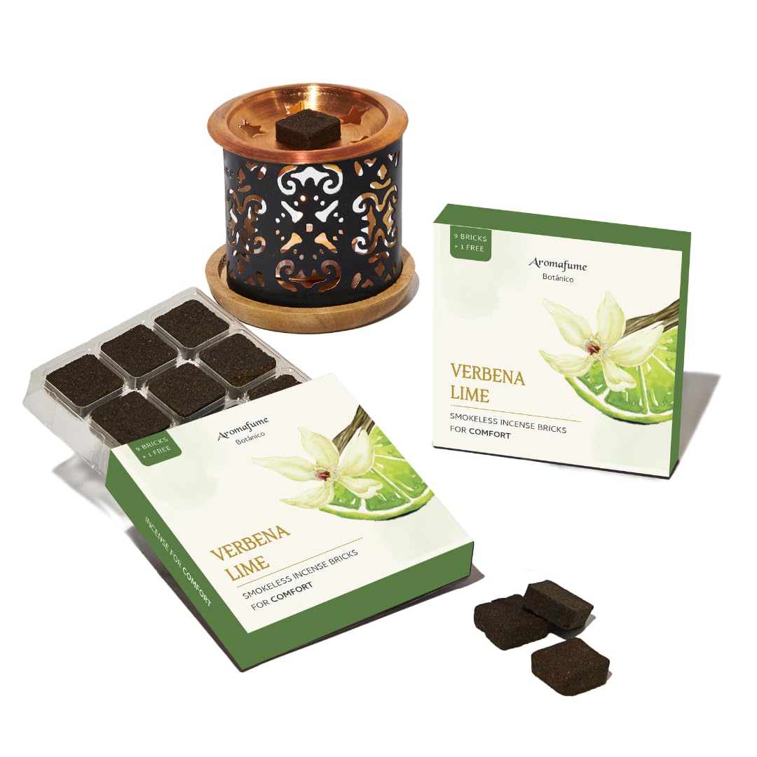 Aromafume Verbena Lime Incense Bricks (2 x 9 Bricks) & Taj Exotic Burner by Aromafume | Ideal for Mood upliftment & Positivity | Natural, Low Smoke, Non-Toxic Incense